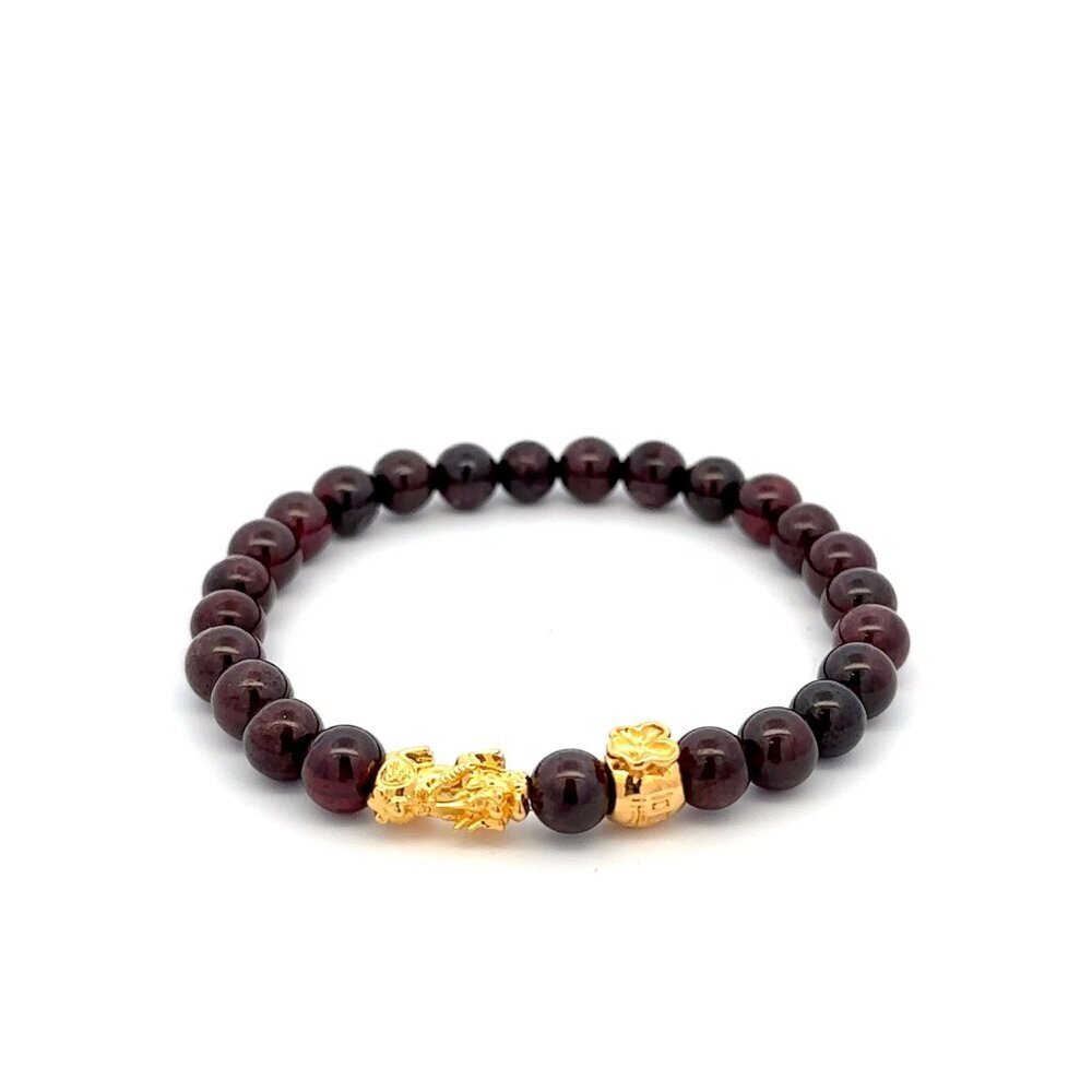 18K Gold Dragon Pixiu Piyao Money Bag Lucky Charm Bracelet Gemstones Garnet 6mm